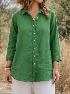 Chico's Emerald Green Button-Down Linen Shirt Cottagecore Coastal Resort Wear 18